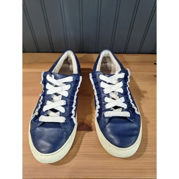 Tory Sport Ruffle Sneakers Navy Blue Leather Low Top Trainers 39506 Womens 7M - Picture 2 of 8